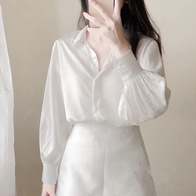 áo sơ mi lụa trắng phom suông dài tay cổ đức công sở chất liệu lụa trai mềm mịn không nhăn nhàu mặc đi làm trắng xanh
