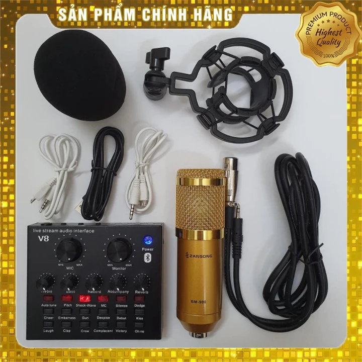 Combo Bộ mic thu âm BM900 và Sound Card V8 chuyên dụng hát livestream với đầy đủ chức năng chỉn