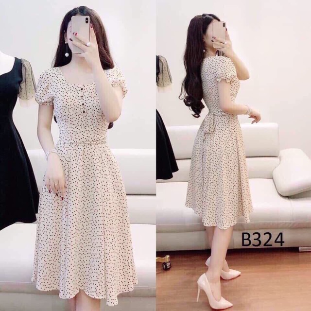 Đầm xòe dự tiệc lụa bi màu trắng be và màu hồng