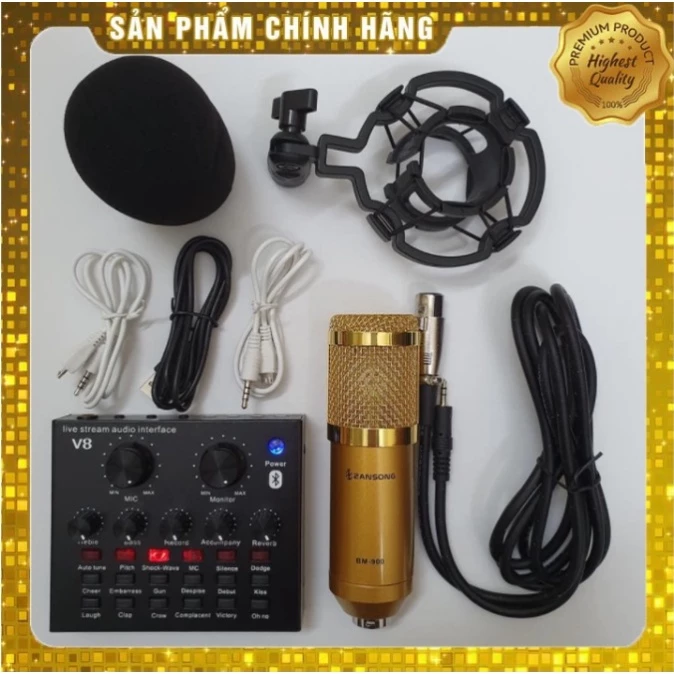 Combo Soundcard V8 AQTA Chính Hãng Bluetooth + Mic Karaoke Livetream BM 900, Có AutoTune Chuẩn