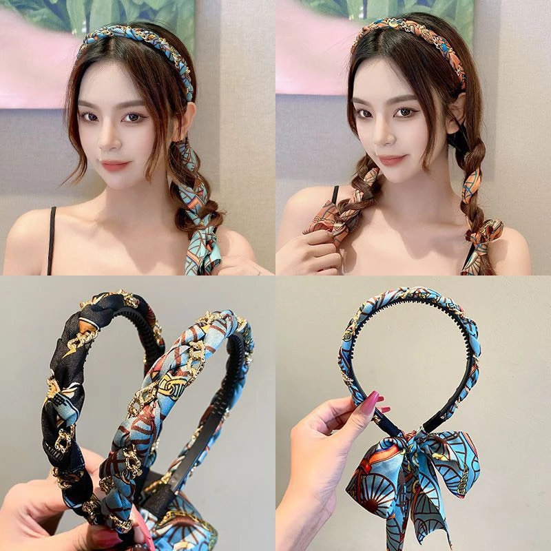 Bờm Cài Tóc Nữ Tết Dây Lụa Tạo Kiểu Họạ Tiết Dễ Thương