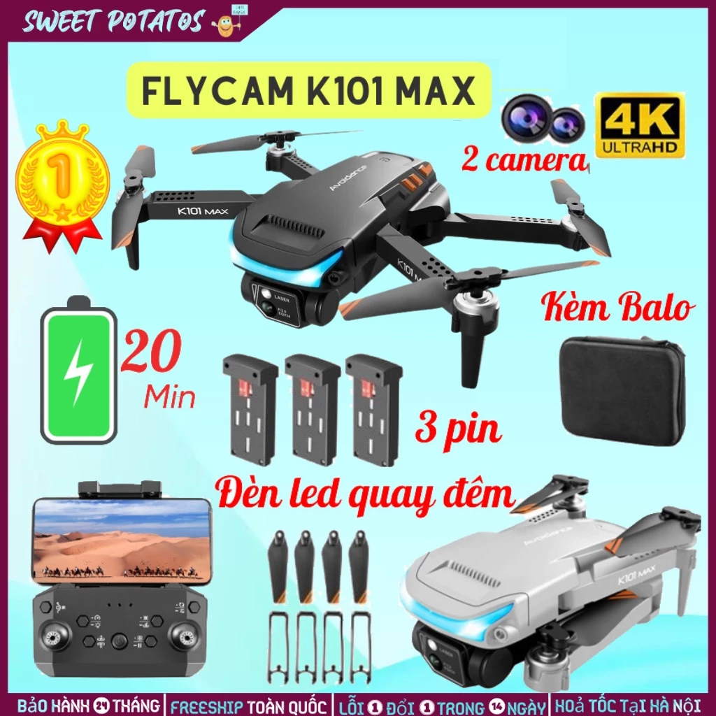 ⚡️ Mẫu Hót 2023⚡️Flycam mini Camera 4K K101 Max, Plycam cảm biến va chạm - mắt quang - chỉnh gốc camera trên remote