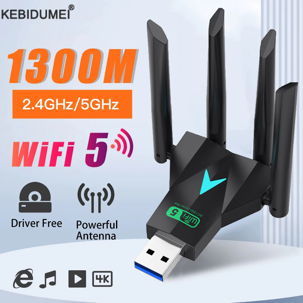 Bộ chuyển đổi WiFi USB 1300Mbps Băng tần kép 2.4G 5GHz Thẻ mạng không dây Wi-Fi Dongle Bộ thu tín hiệu cho PC Win7 / 10 / 11 Trình điều khiển miễn phí