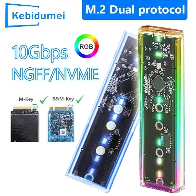 Ốp lưng SSD giao thức kép RGB M.2 NVME PCIe NGFF SATA Clear USB Type C 10Gbps PCI-E M2 SSD Vỏ ngoài Hộp đĩa chìa khóa M / B cứng
