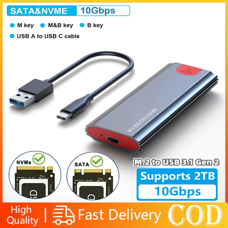 Hộp đựng SSD SATA 10Gbps M.2 NVMe có cáp A-C, Bộ chuyển đổi đầu đọc USB C 3.1 Gen 2 miễn phí, Áp dụng cho công cụ chuyển đổi vỏ SATA M.2 NGFF NVMe