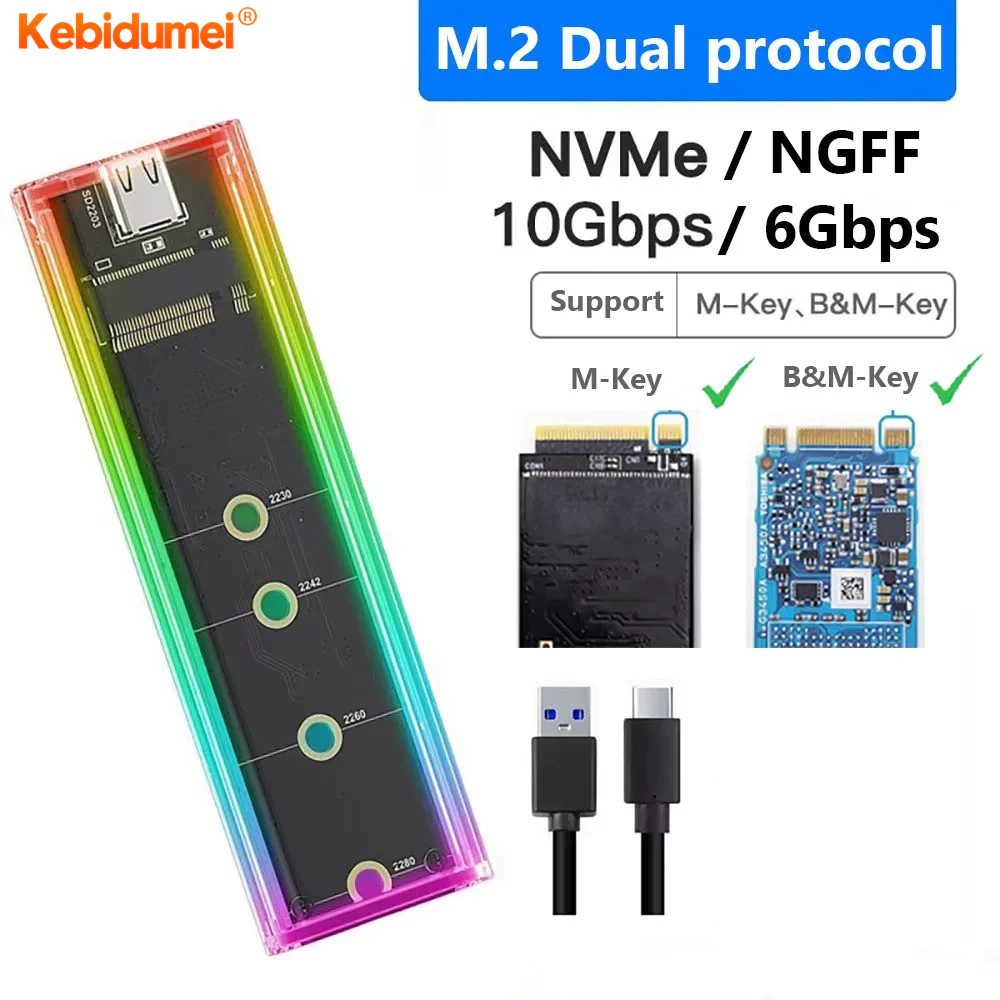 Công cụ chuyển đổi vỏ SSD M.2 NVMe với vỏ nhôm miễn phí LED RGB USB C 3.1 Gen 2 10Gbps sang NVMe PCIe Vỏ ngoài cho SSD M2 NVMe