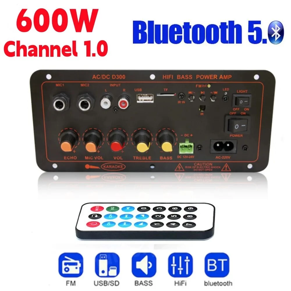 Bảng Mạch Khuếch Đại Âm Thanh 600w bluetooth 5.0 mp3 12v 24v usb tf fm Chuyên Dụng Cho Loa subwoofer