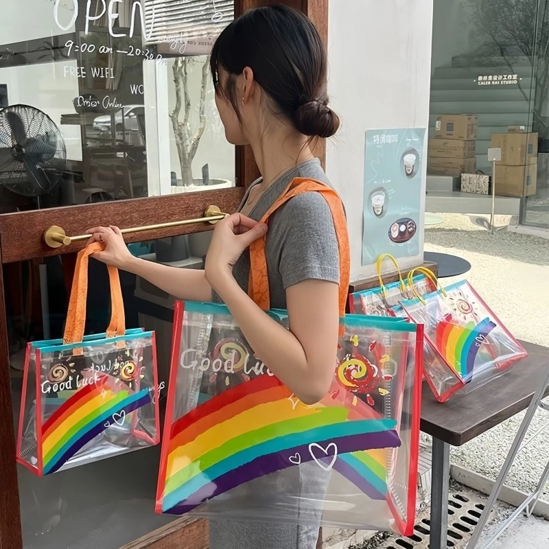 Túi Xách Trong Suốt Bằng Nhựa Cầu Vồng Đựng Đồ Dung Tích Lớn Chống Thấm Nước Đi Biển Size To Kích Thước 38 x 30 x 12CM