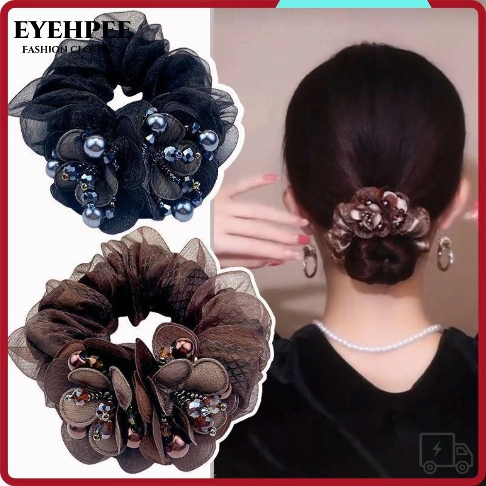 Dây buộc tóc thun EYEHPEE, Dây buộc tóc hoa ren đính đá, Dây buộc tóc lưới hai lớp thời trang sử dụng hàng ngày