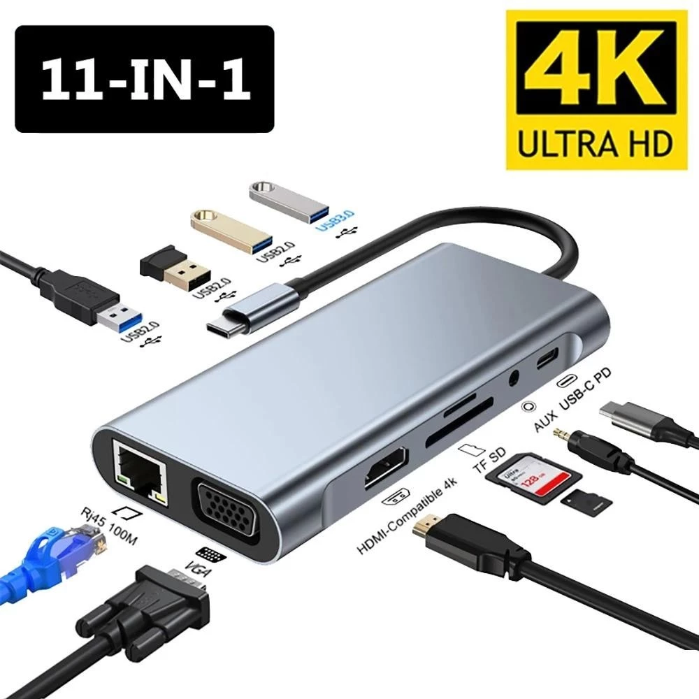 Trạm nối Type-C 11 trong 1 USB 3.0 HUB USB C Splitter Type C sang 4K HDMI VGA PD RJ45 100M Bộ chuyển đổi mạng cho máy tính xách tay Macbook