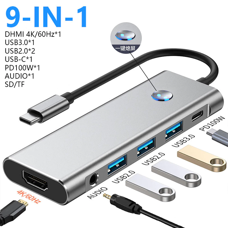 9 trong 1 USB C Hub PD 100W 3 Cổng USB 3.0 USB C Docking Station 4K / 30Hz Cổng tương thích HDMI USB C Adapter cho USB C Laptop
