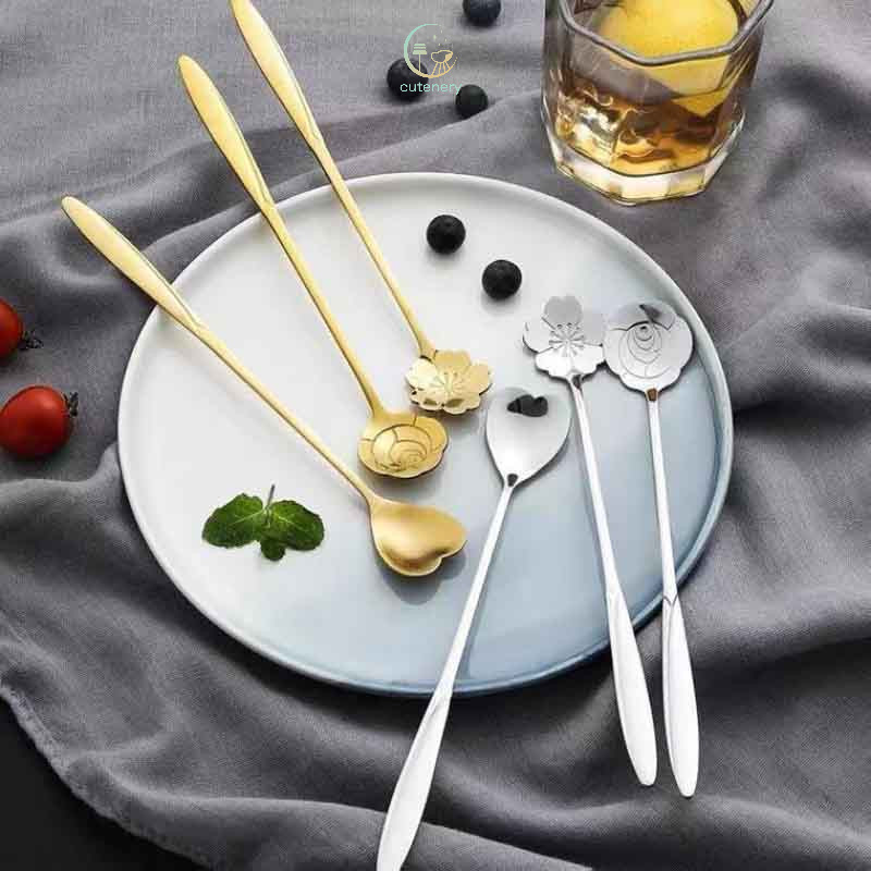 Muỗng hoa anh đào bằng thép không gỉ, muỗng cà phê sáng tạo, muỗng trộn, muỗng tráng miệng, cốc.
