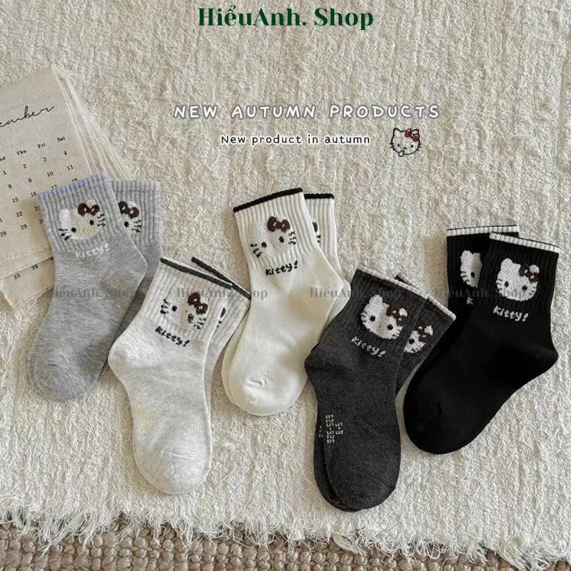 Set 10 đôi tất vớ cổ trung cho bé gái họa tiết hello kitty tone trắng xám đen cute