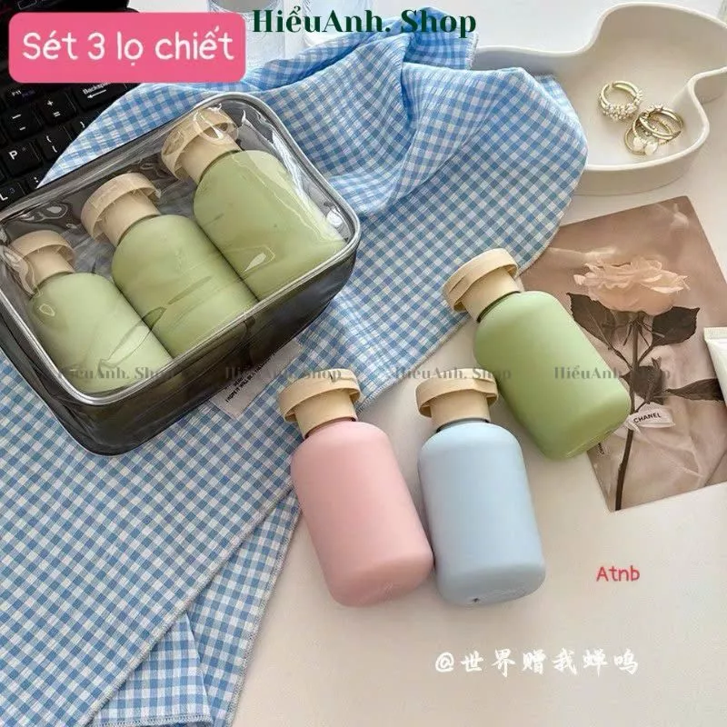 Set 3 lọ nhựa kèm túi nắp bật chiết dầu gội, sữa tắm, mỹ phẩm 100ml