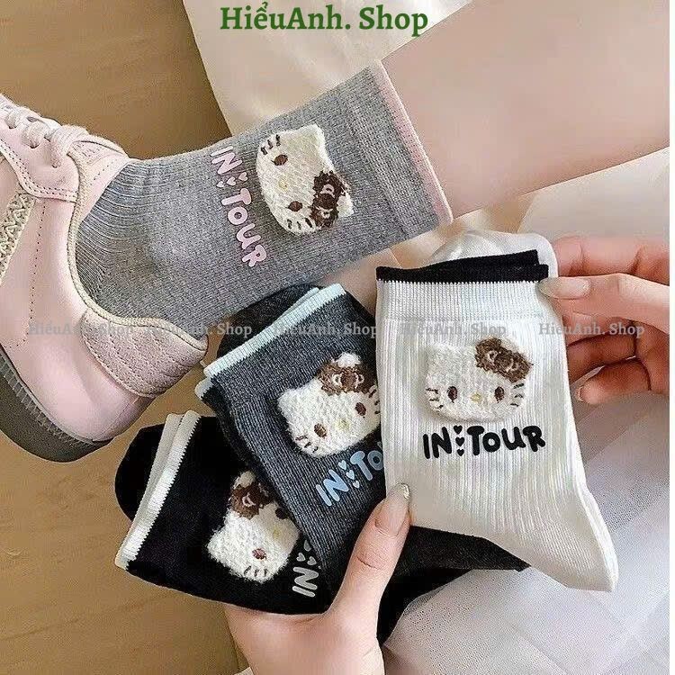 Set 4 Đôi Tất Nữ Cổ Cao Mèo Kitty in Tour Dệt Kim Cotton Siêu Xinh Xắn Dễ Thương