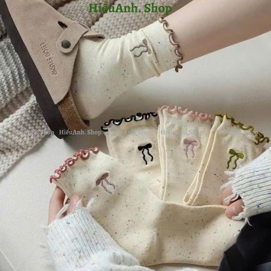 Set 10 Đôi Tất Cao Cổ Nữ màu Muối Tiêu Họa Tiết Nơ Phong Cách Hàn Quốc Siêu Hot Dễ Thương