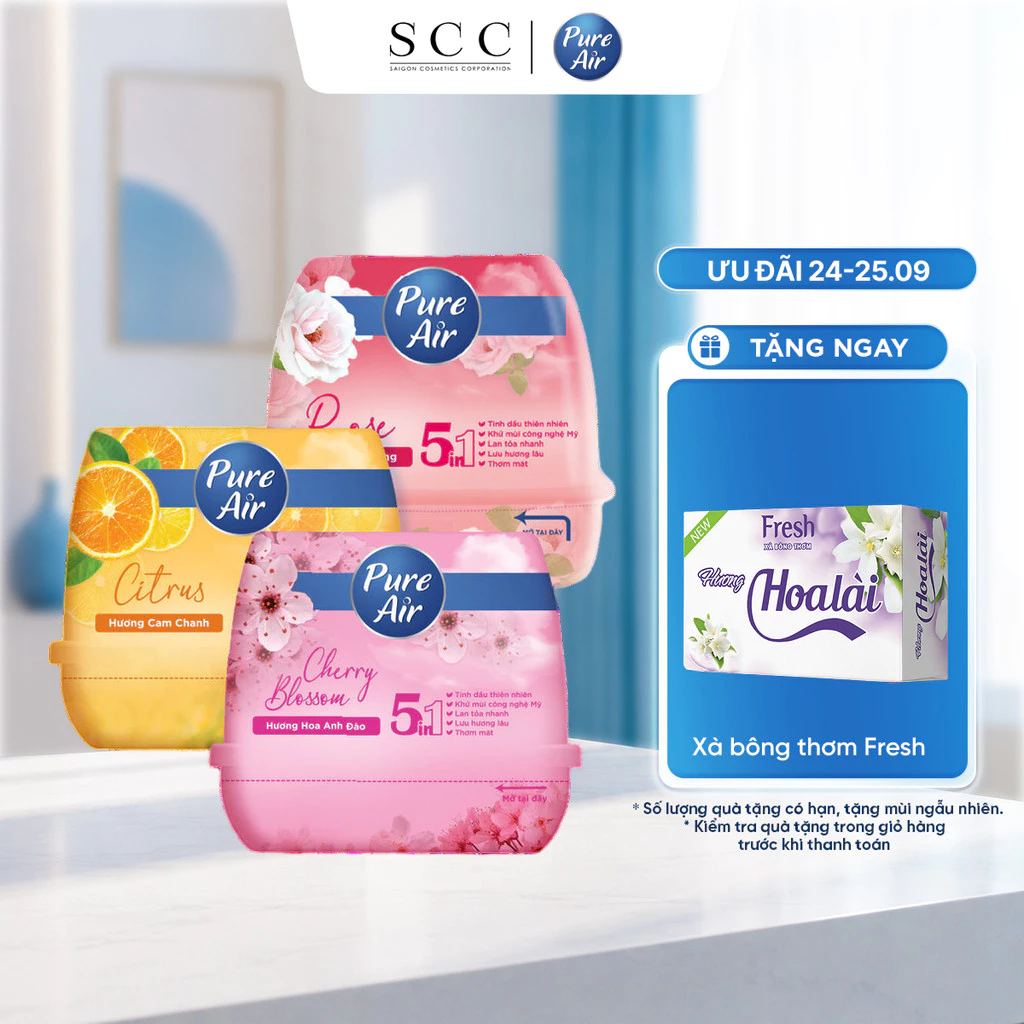 Combo 3 Sáp Thơm Khử Mùi PURE AIR Hương Cam Chanh, Anh Đào, Hoa Hồng 180g/hộp