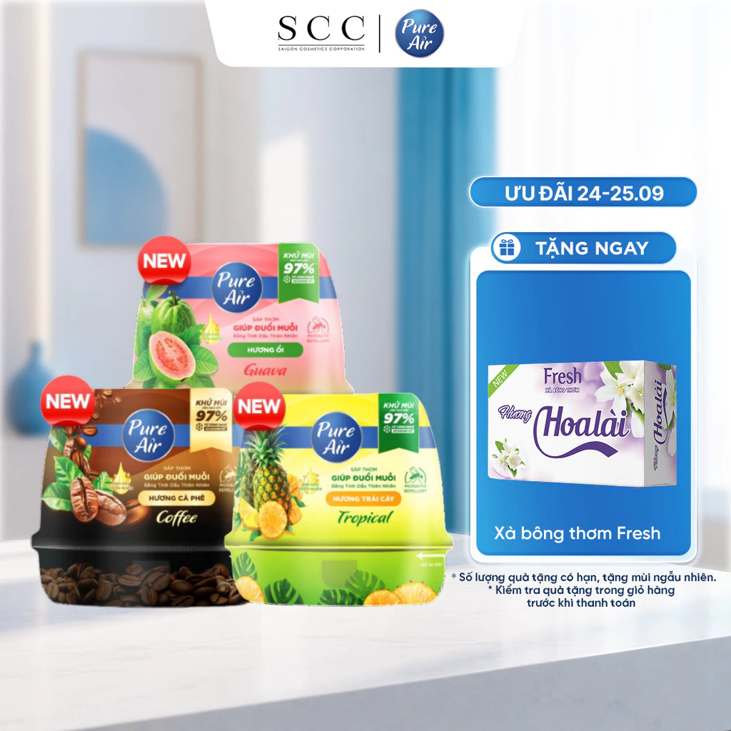 Combo 3 Sáp Thơm Đuổi Muỗi Khử Mùi PURE AIR Hương Ổi/ Sả Chanh/ Trái Cây/ Cà Phê 180g