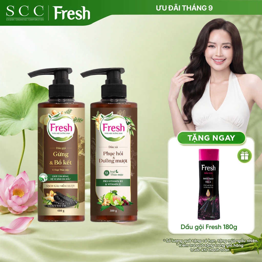 Combo Dầu Gội & Dầu Xả FRESH Thảo Mộc Dưỡng Sinh Sạch Gàu Mềm Mượt 480g + Phục Hồi Và Dưỡng Mượt 380g