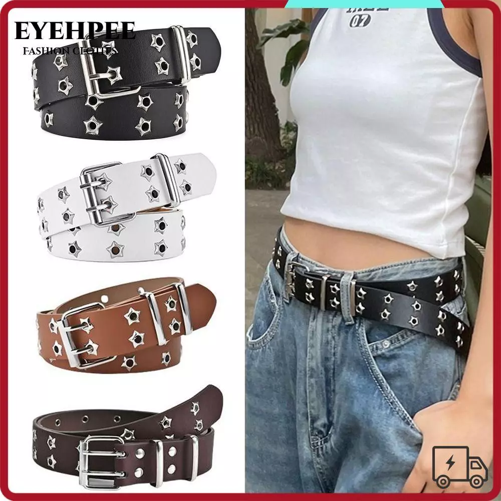 EYEHPEE Thắt lưng đinh tán EYEHPEE, Thắt lưng da Gothic có dây đeo cổ điển Hip Hop Star, Punk Rock Style Double Pin Buckle Thắt lưng