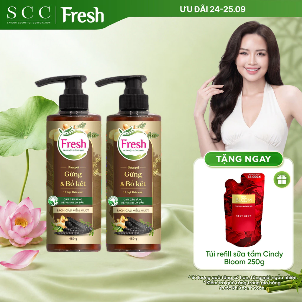 Combo 2 Chai Dầu Gội FRESH Thảo Mộc Dưỡng Sinh - Sạch Gàu Mềm Mượt 480g/chai