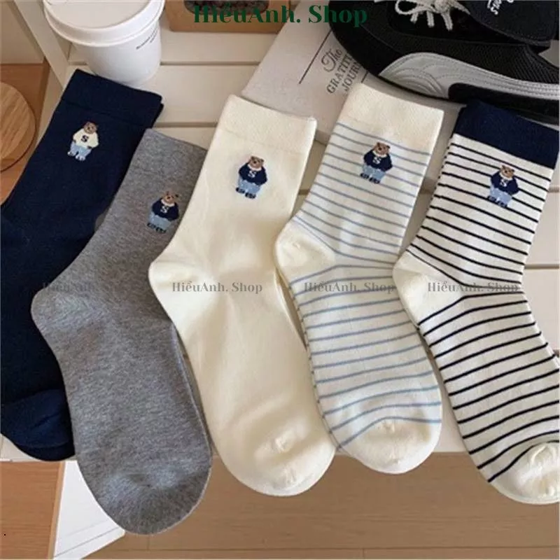 Combo 10 đôi tất cổ cao in hình gấu nhiều màu phong cách basic dễ thương