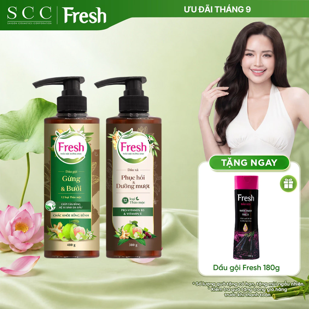 Combo Dầu Gội & Dầu Xả FRESH Thảo Mộc Dưỡng Sinh Chắc Khỏe Bồng Bềnh 480g + Phục Hồi Và Dưỡng Mượt 380g