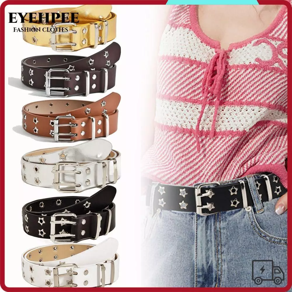 EYEHPEE Thắt lưng đinh tán EYEHPEE, Thắt lưng da phong cách Punk Rock Star Eyelet Gothic, Thắt lưng khóa chốt đôi Hip Hop