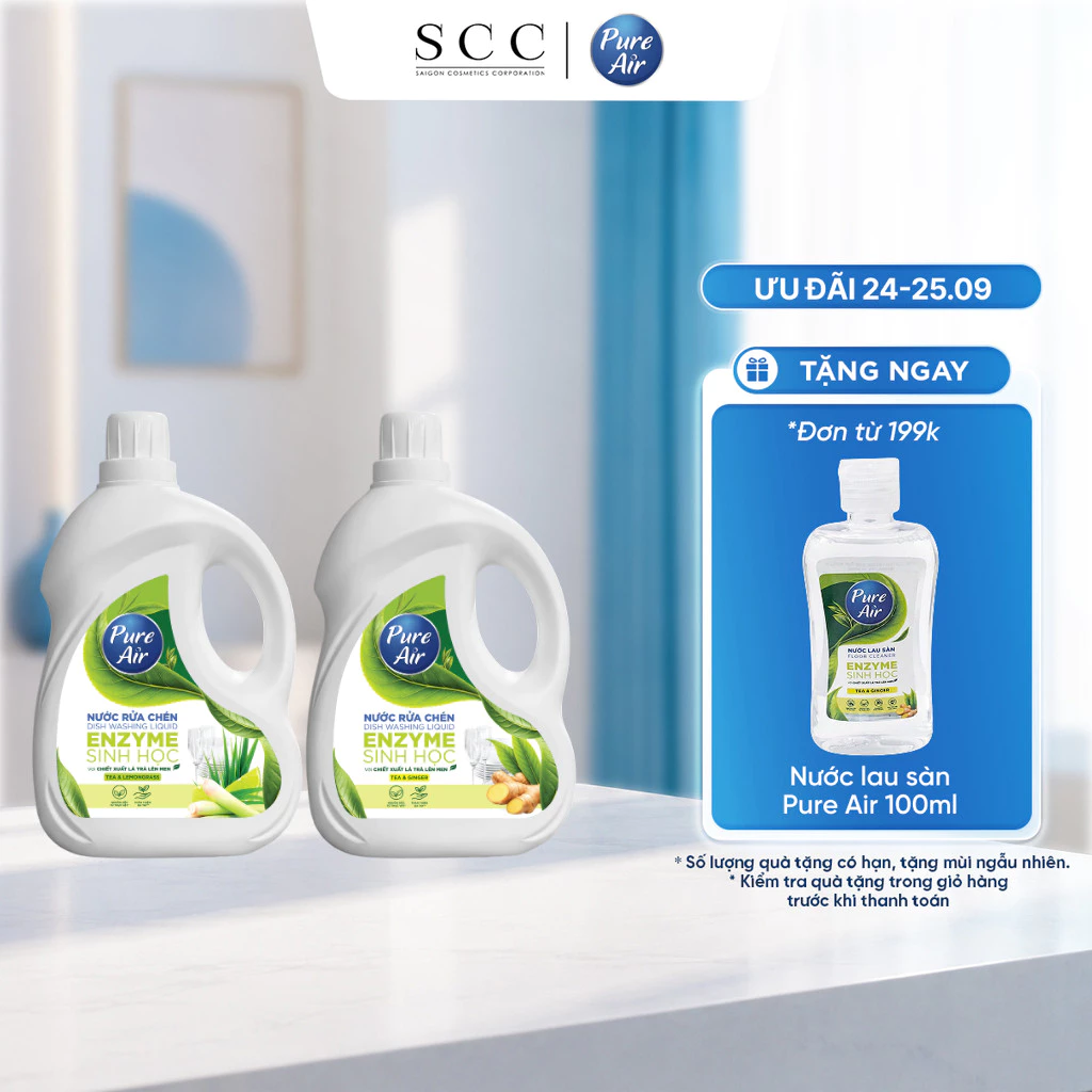 Nước Rửa Chén Enzyme Sinh Học Pure Air Chiết Xuất Lá Trà Lên Men Giúp Làm Sạch Dầu Mỡ, Khử Mùi Tanh Dịu Nhẹ Da Tay 2,3Kg