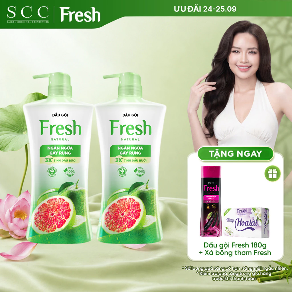 Combo 2 Dầu Gội FRESH Thiên Nhiên Giảm Gãy Rụng Tinh Dầu Bưởi 650g/chai
