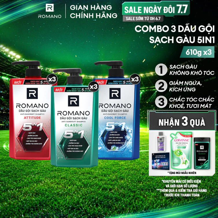 Combo 3 Dầu gội nam sạch gàu 5in1 Romano hương nước hoa Classic/ Force/ Attitude 610g / 650g