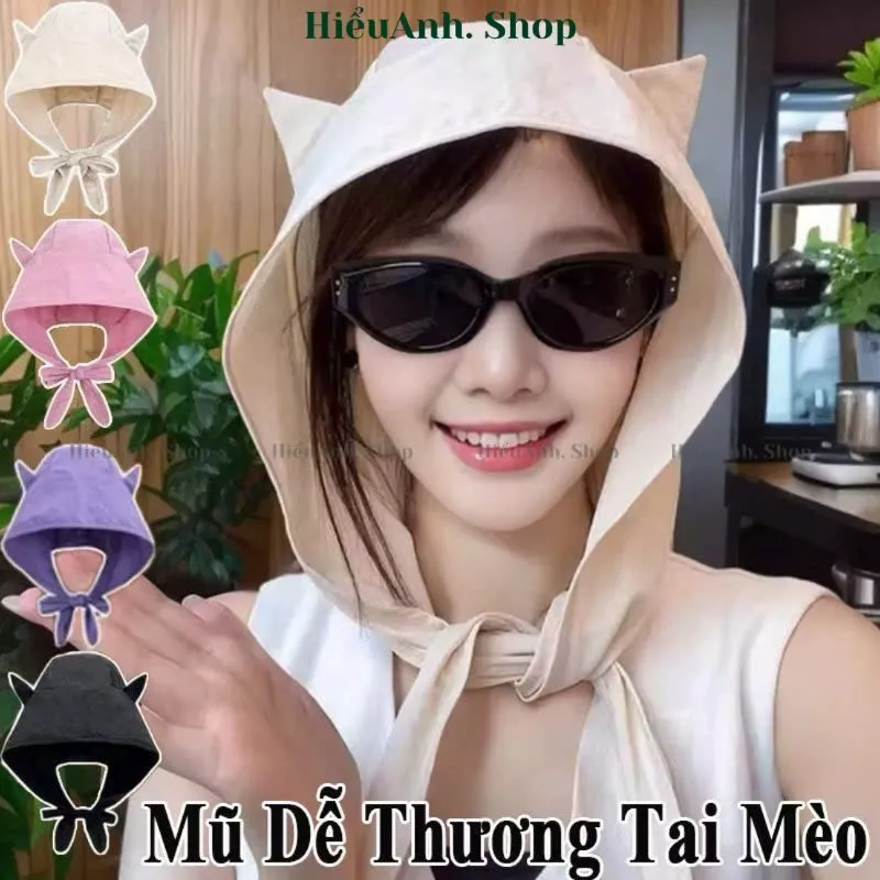Mũ chống nắng tai mèo nữ cute | Mũ trùm đầu che nắng có dây buộc, vải nhanh khô, siêu nhẹ che tai