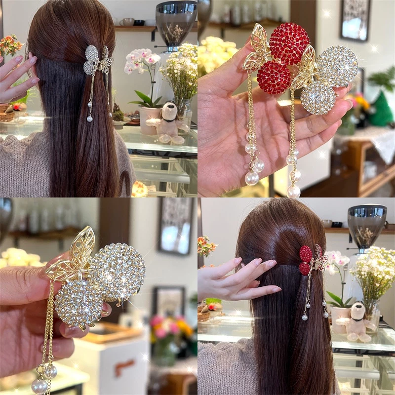Kẹp tóc càng cua nửa đầu cherry đính đá gắn ngọc cho nữ phong cách Hàn Quốc nữ tính