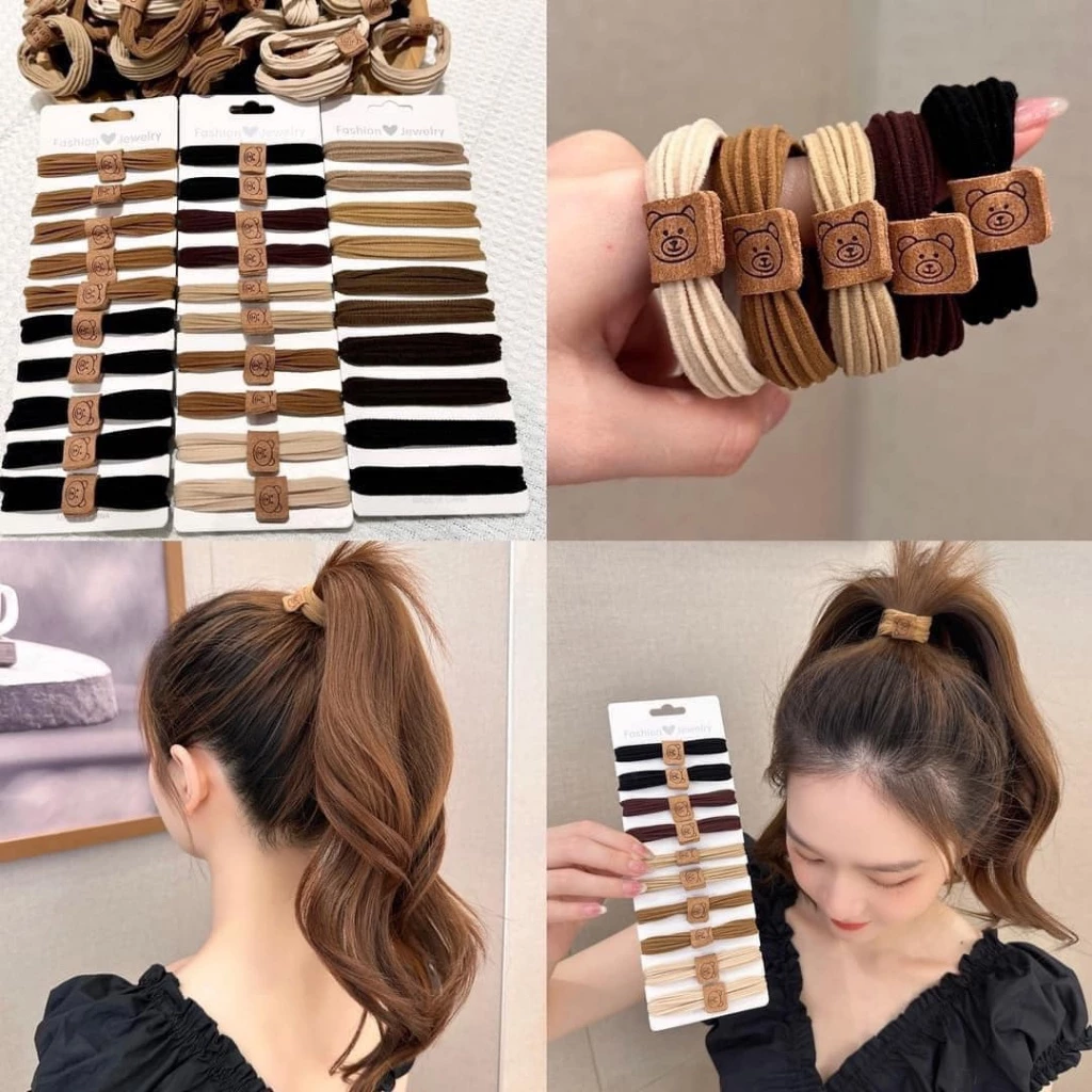 Vỉ 10 Chun Buộc Tóc Co Giãn Hình Gấu Màu Coffee CuTe Ngọt Ngào Dễ Thương Cho Các nàng