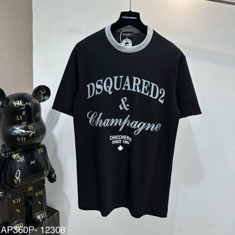 Áo Phông Nam Nữ In Hoạ Tiết Chữ Nứt DSQ Champagne Thân Phối Cổ Bo Hàng QC HOTTREND