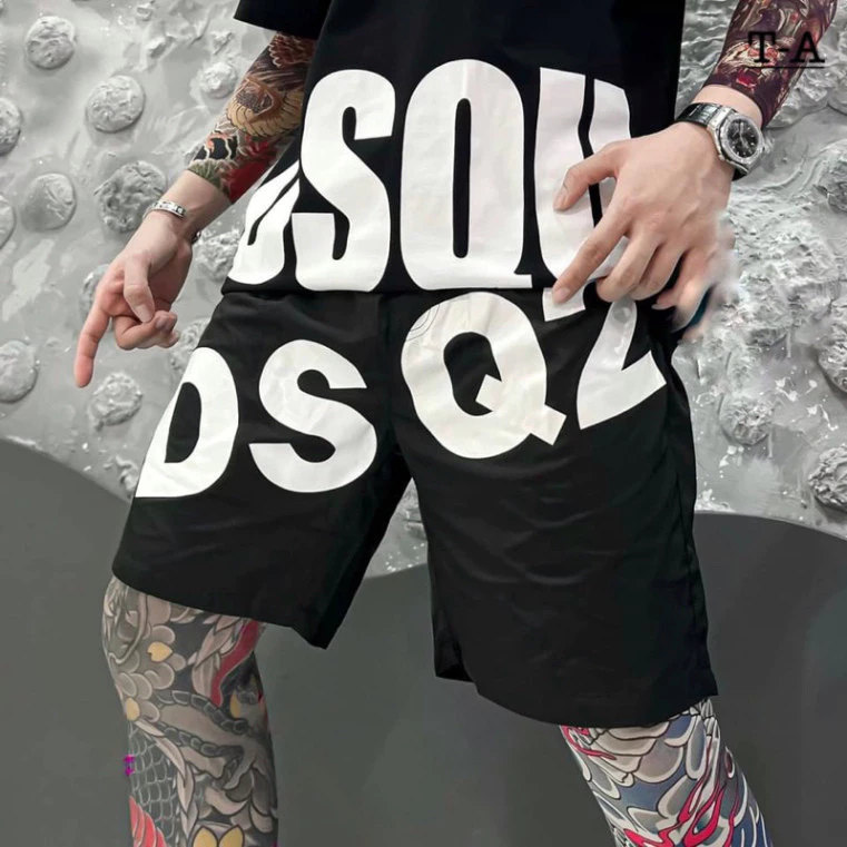Quần Short Gió Nam Đen In Chữ Dsq2 Trắng Chéo Quần Phối Cạp Chun Dây Hàng QC HOTTREND