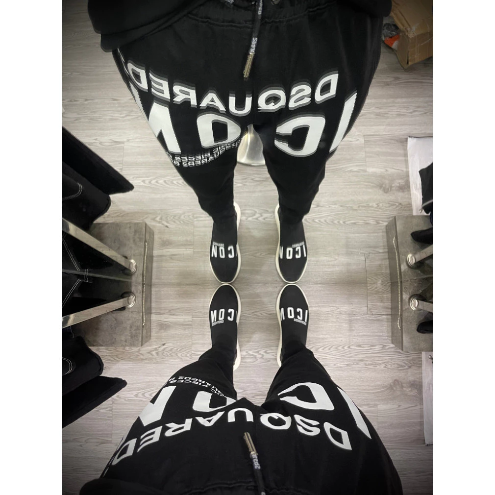 Quần Jogger Dài Nam Dsq2 Nỉ Da Cá Đen Trơn In Chữ ICON Trắng Đùi Ống Boy Phố Đi Học Hàng QC HOTTREND