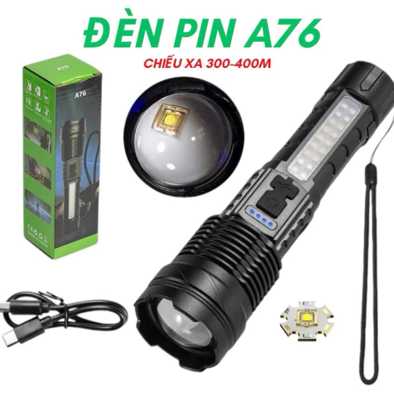 Đèn pin A76 siêu sáng cầm tay đa chức năng ,chiếu xa 500m, chống nước tốt. Pin Trâu.(sile 30)
