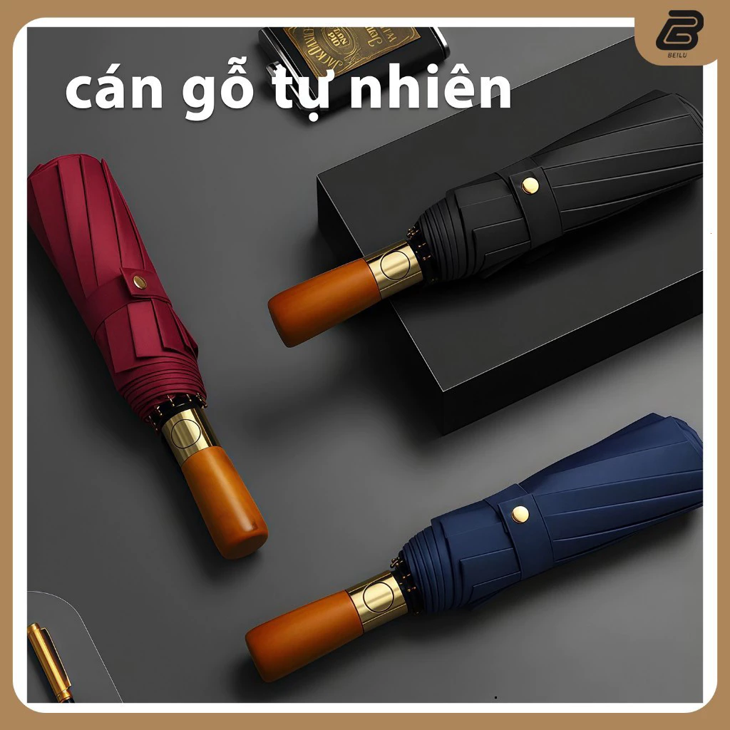 Ô dù cán gỗ cao cấp loại 1, bấm nút đóng mở tự động, chống tia UV và chống thấm nước tuyệt đối