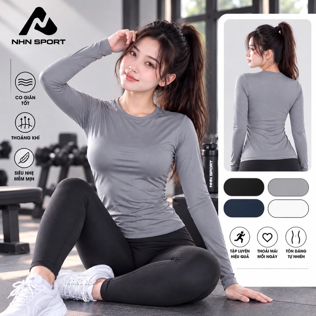 Áo Thun Nữ Dài Tay NHN SPORT Cổ Tròn Co Giãn 4 Chiều Mềm Mịn – Áo Tập Gym Yoga Thể Thao Nữ Form Ôm Dáng