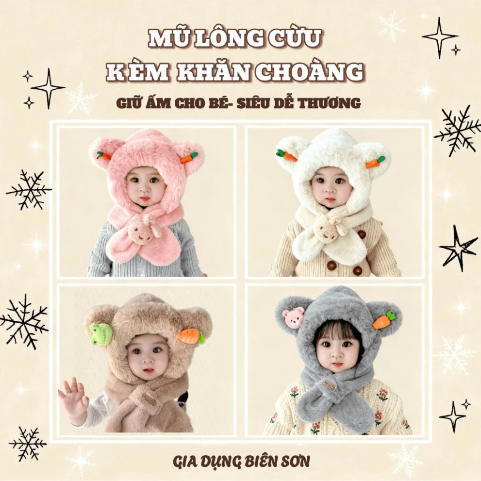 Mũ len chùm đầu lông cừu cho trẻ em, Nón lông tai gấu trùm đầu kèm khăn giữ ấm cho bé 2-10 tuổ (si le)i