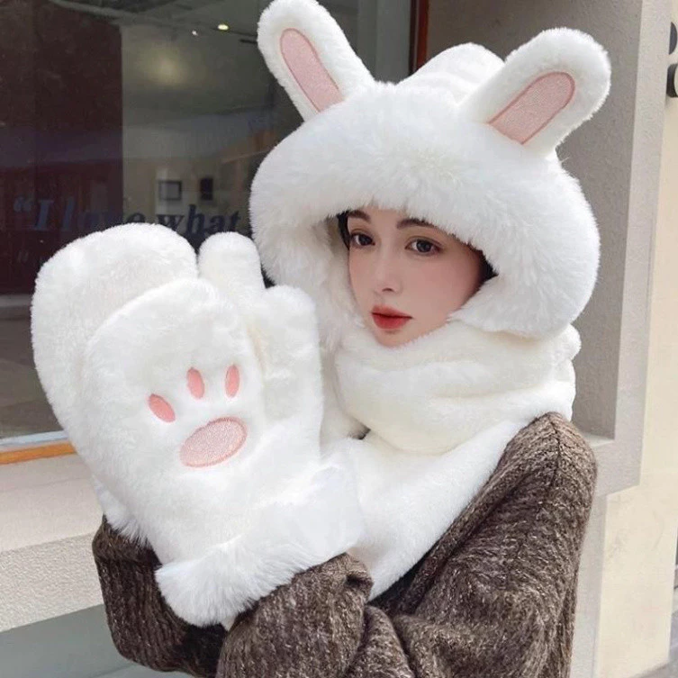 Mũ len nữ trùm đầu liền khăn bao tay mùa đông ấm áp Nón lông tai thỏ cute thời trang dễ thương ( si le)