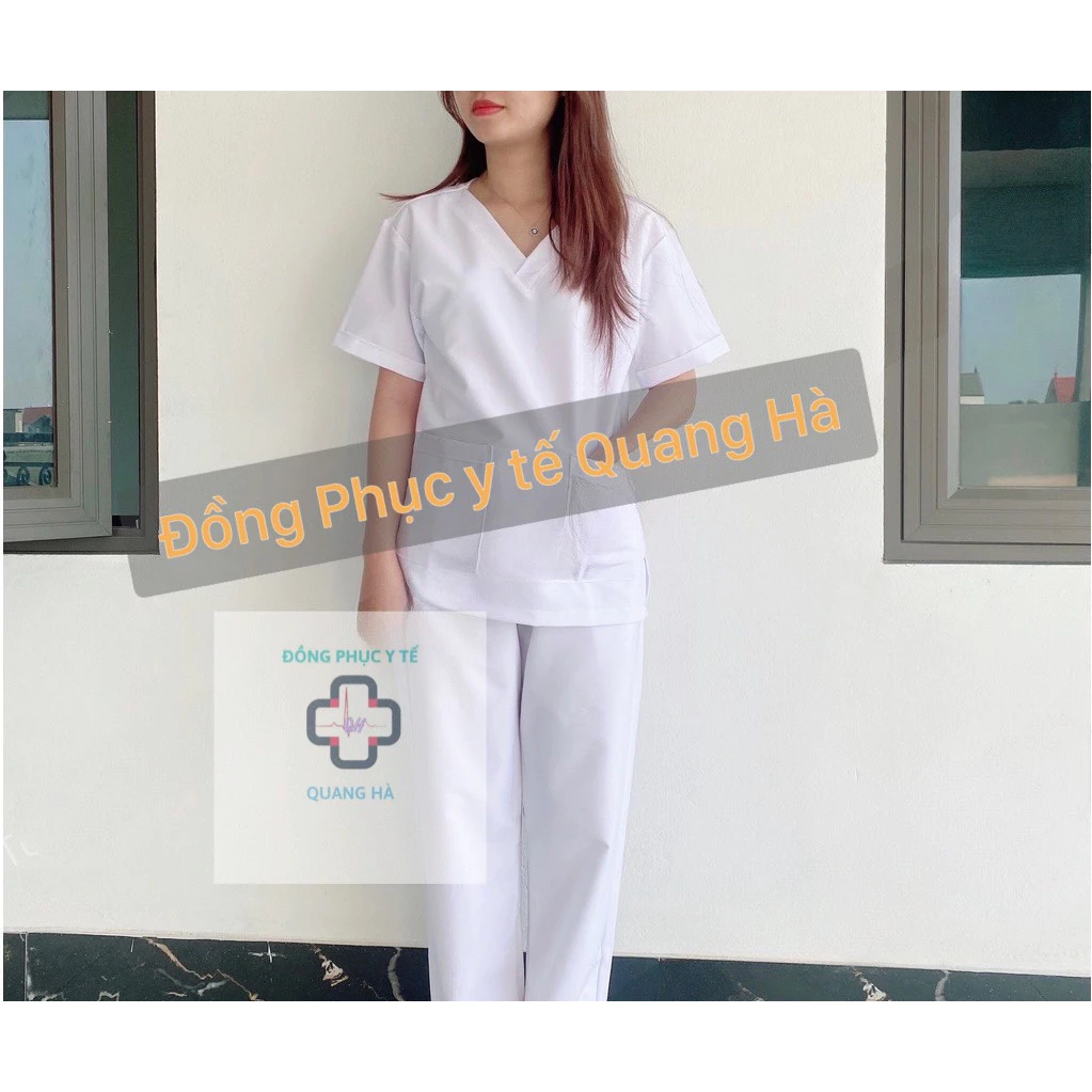 Bộ Scrubs - màu Trắng vải Cotton Hàn-.bác sĩ, blouse cổ tim, spa, thẩm mỹ viện, dược sĩ.màu x