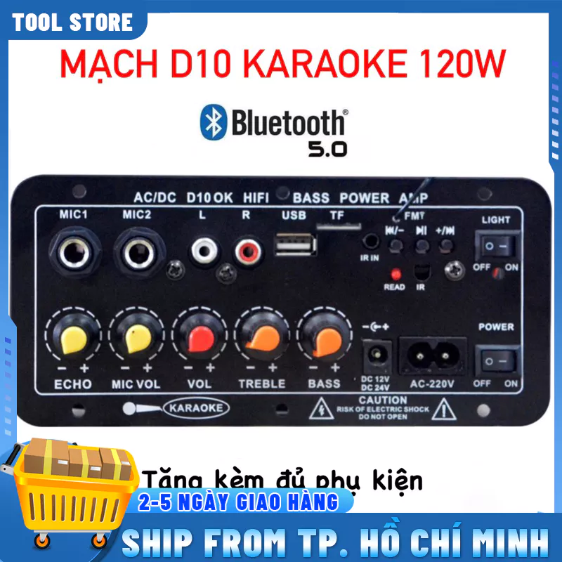 Mạch loa D10 Bluetooth 5.0 hát Karaoke công suất lớn 120w, 12V/24V/220V lắp loa kéo, chế loa (T