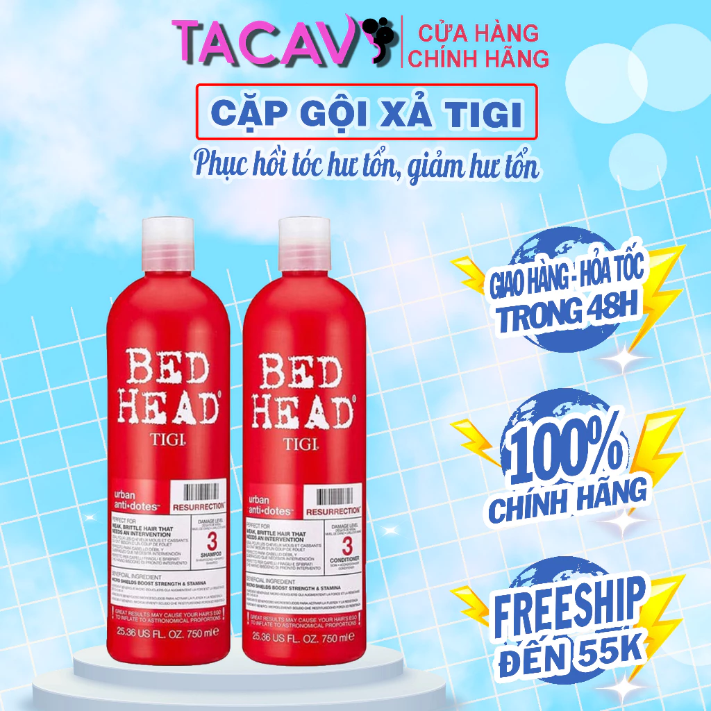 Cặp Gội Xả TIGI Bed Head 750ml Chính Hãng – Phục Hồi Tóc Hư Tổn Nặng – Mềm Mượt Chuẩn Salon