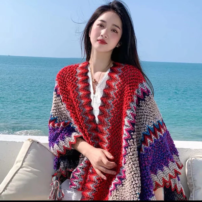 Áo Choàng Kiêm Khăn Choàng Thổ Cẩm Phong Cách Vintage Đi Du Lịch Đà Lạt SaPa Cực Xinh