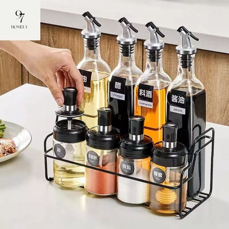 [Combo 4 Chai +4 Hũ] Chai Thủy Tinh Đựng Gia Vị Dầu Ăn 500ml & Lọ Gia Vị Kèm Thìa DT240305501
