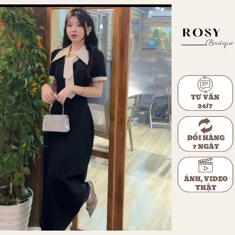Váy thiết kế Rosy V52 cổ đức phối cà vạt ,dáng dài phù hợp đi làm, đi tiệc