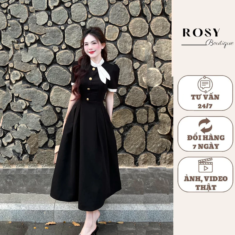 Váy công sở dáng dài Rosy V49,thiết kế cổ nơ bay dáng dài thanh lịch