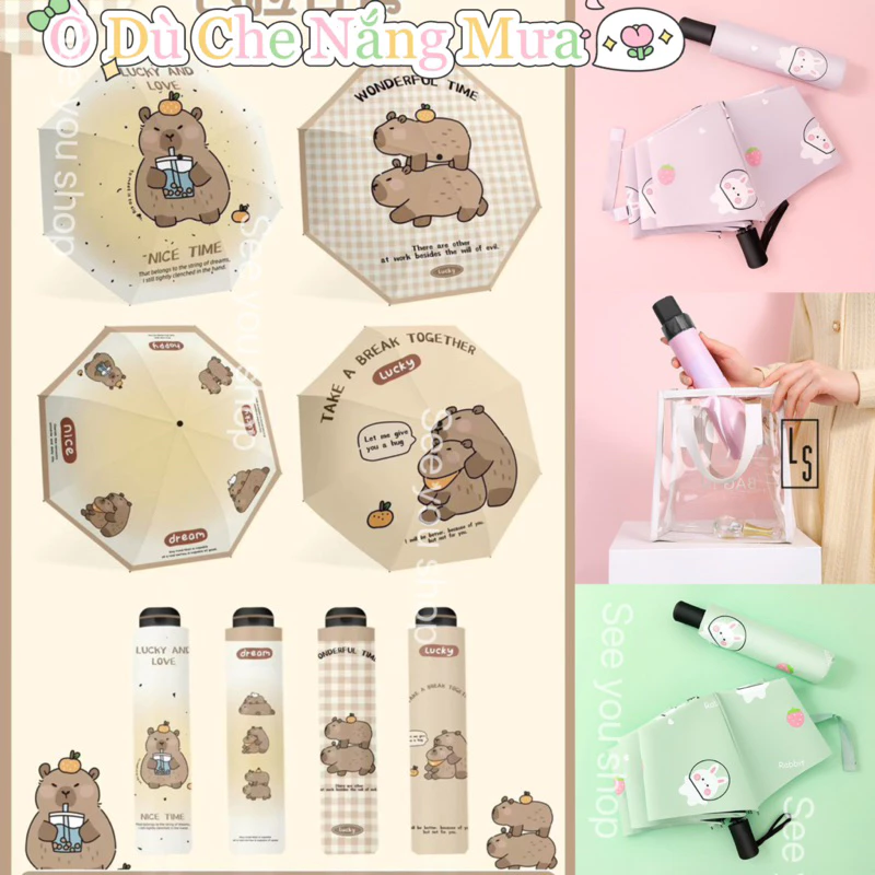 Ô Dù Hình Capybara Che Nắng Che Mưa Đường Kính 96cm Cỡ Lớn 2 Lớp Gấp Gọn Cute Chống Tia UV